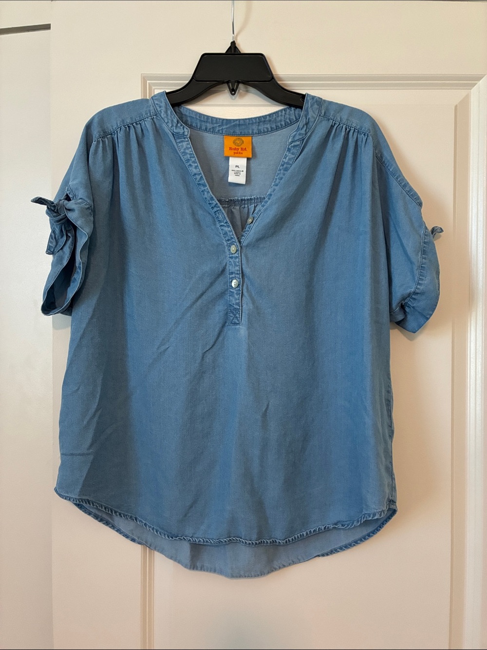 Ruby Rd. Chambray Tie-Sleeve Henley Blouse - Light Blue